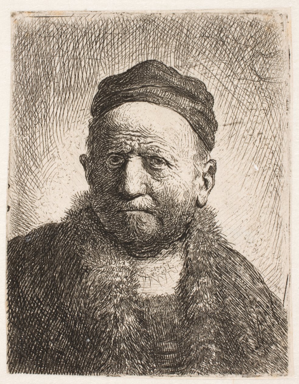 Buste af en mand (Rembrandts far) set forfra, iført en tætsiddende hue af Rembrandt van Rijn