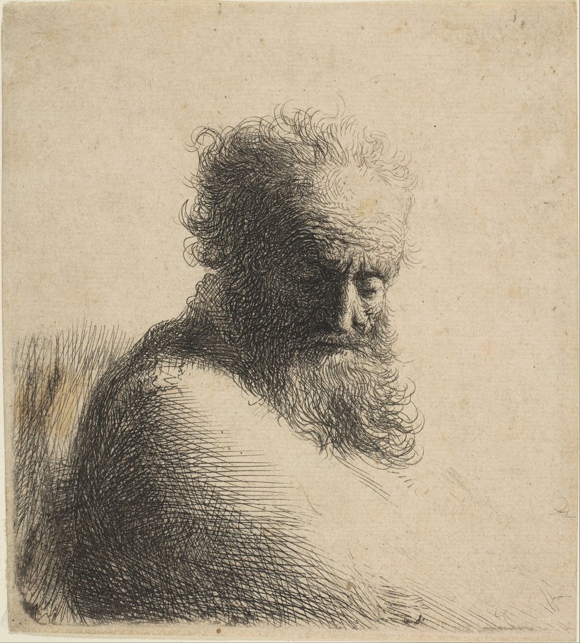 Buste af en gammel skægget mand, der kigger ned, trekvart højre, 1631. af Rembrandt van Rijn