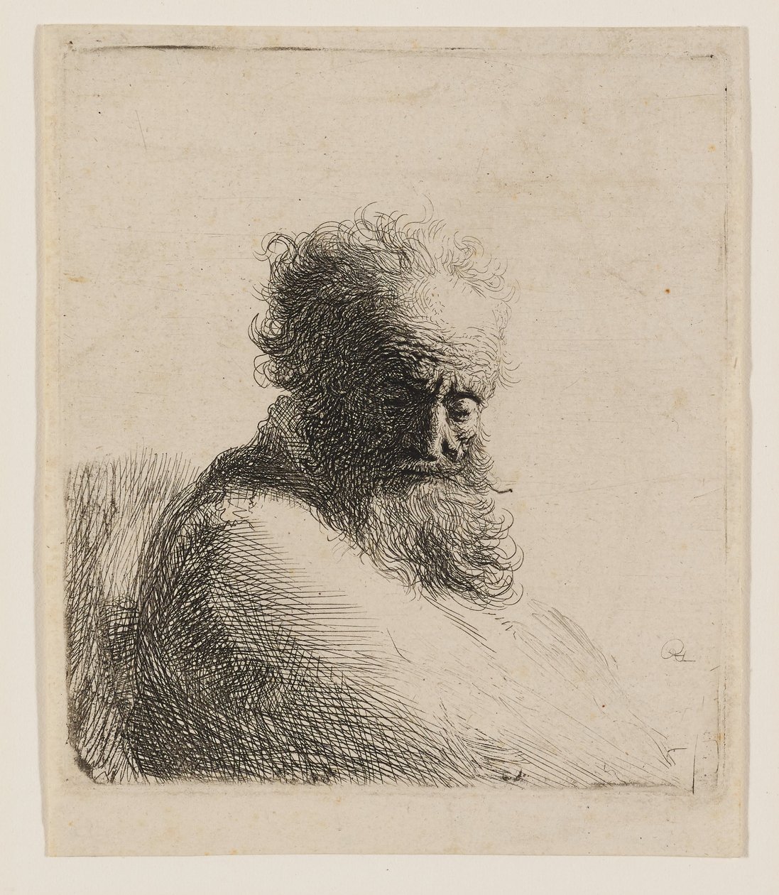 Buste af en gammel, skægget mand, der ser nedad, i trekvartprofil mod højre af Rembrandt van Rijn