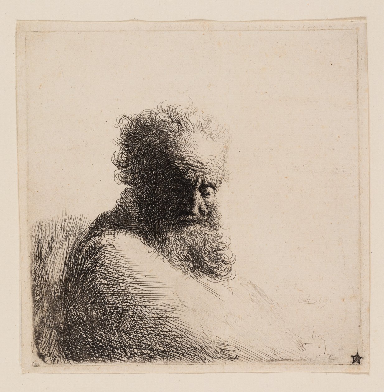 Buste af en gammel skægget mand, ser ned, tre fjerdedele til højre af Rembrandt van Rijn