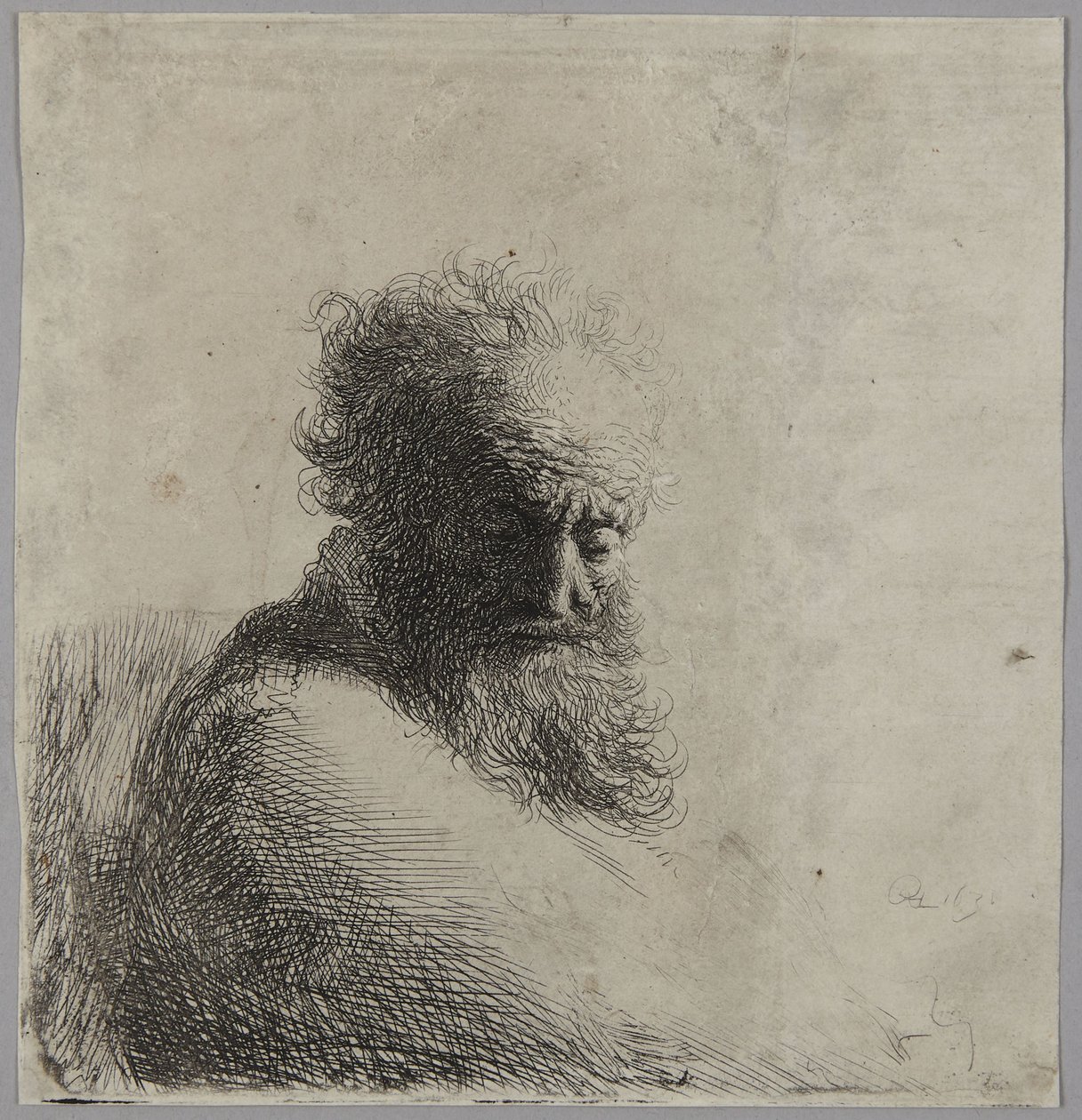 Buste af en ældre mand, der ser nedad, set i trekvartprofil til højre af Rembrandt van Rijn