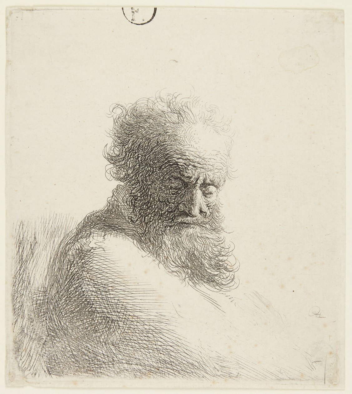 Buste af en ældre mand, der ser nedad, set i trekvartprofil til højre af Rembrandt van Rijn