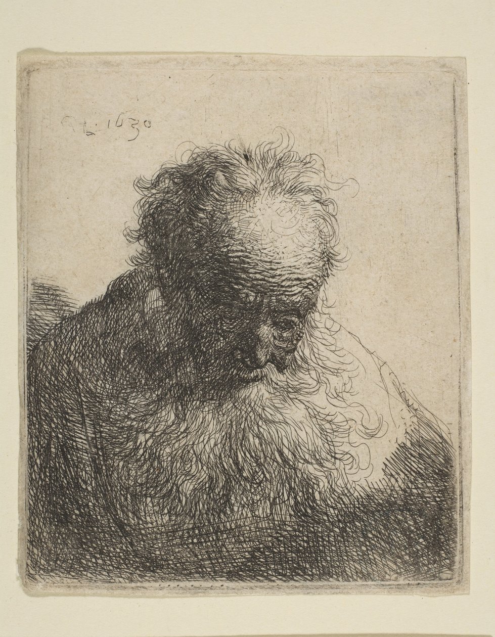 Buste af en gammel mand med flydende skæg: hovedet bøjet fremad: venstre skulder uskygget, 1630. af Rembrandt van Rijn