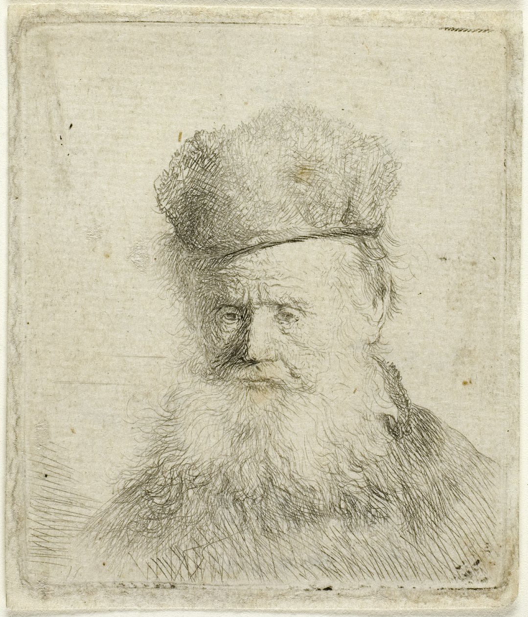 Buste af en gammel mand med en pelshue og flydende skæg, næsten fuld ansigt af Rembrandt van Rijn