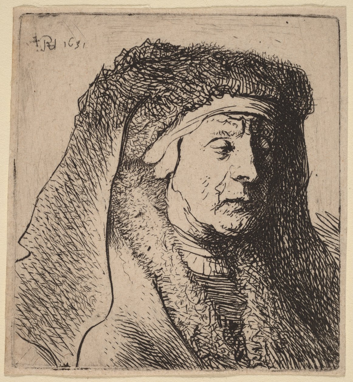 Buste af en ældre kvinde i en pelsforet kappe og et tungt hovedbeklædning af Rembrandt van Rijn