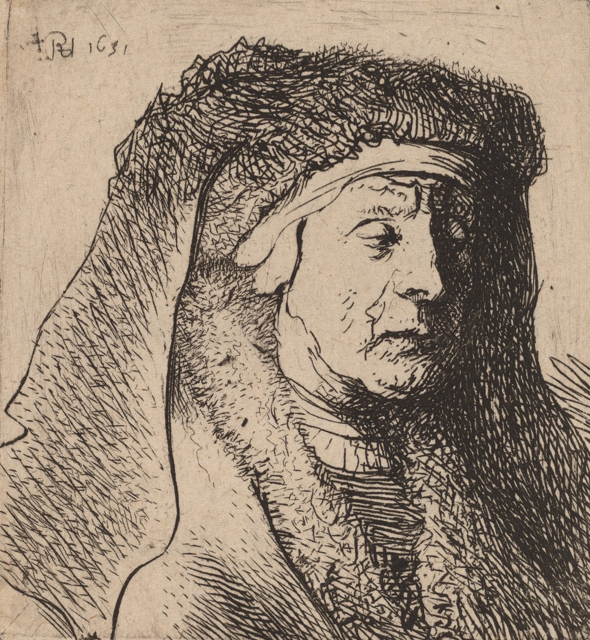 Buste af en gammel kvinde i en pelset kappe og kraftig hovedbeklædning, 1631. af Rembrandt van Rijn