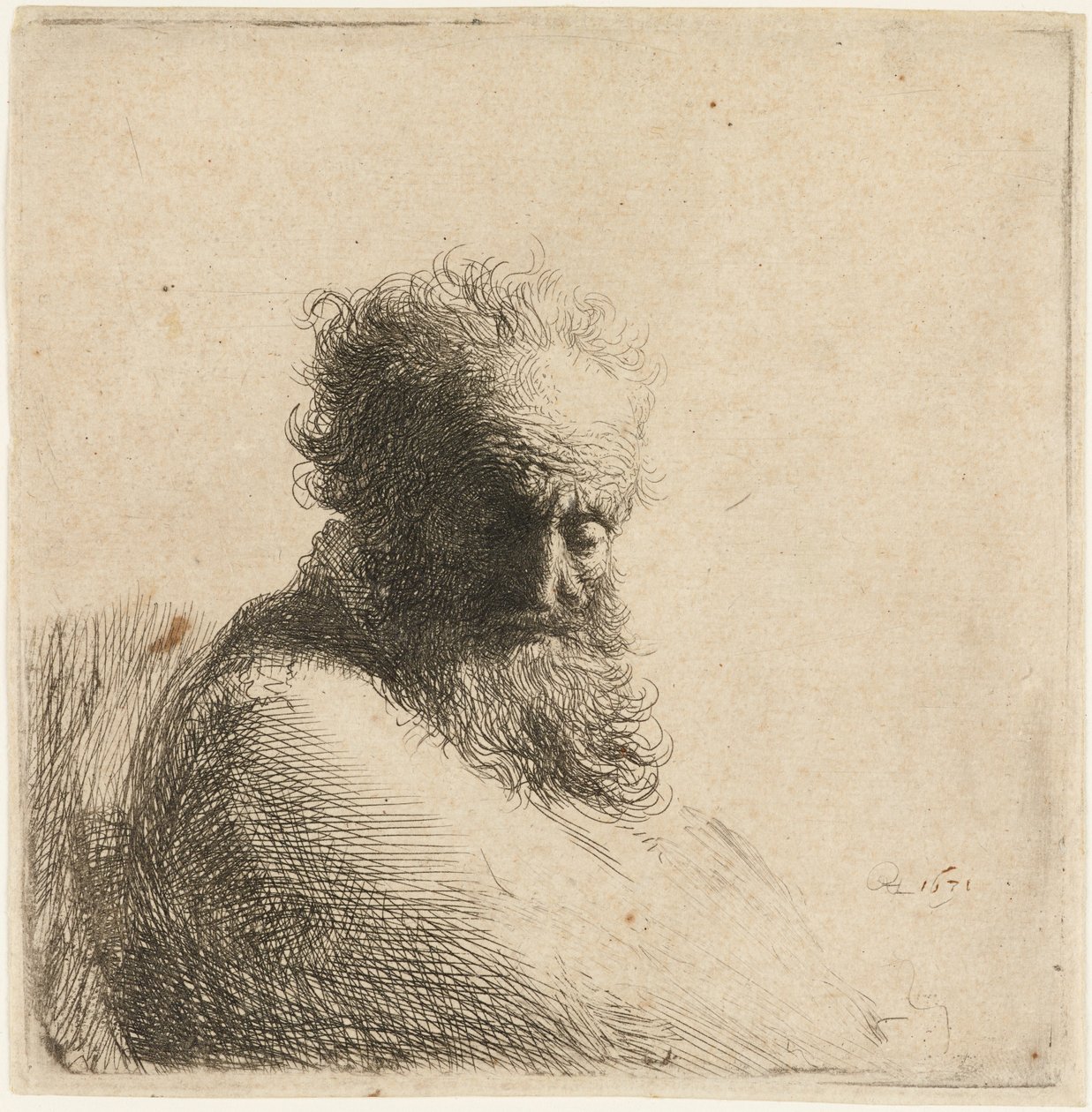 Buste af en gammel skægget mand, kigger ned, tre kvarter til højre, 1631. af Rembrandt van Rijn
