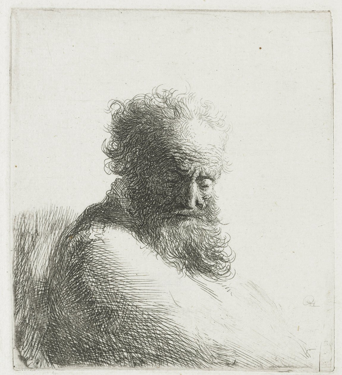 Buste af en gammel skægget mand, der kigger ned, tre kvarter til højre af Rembrandt van Rijn