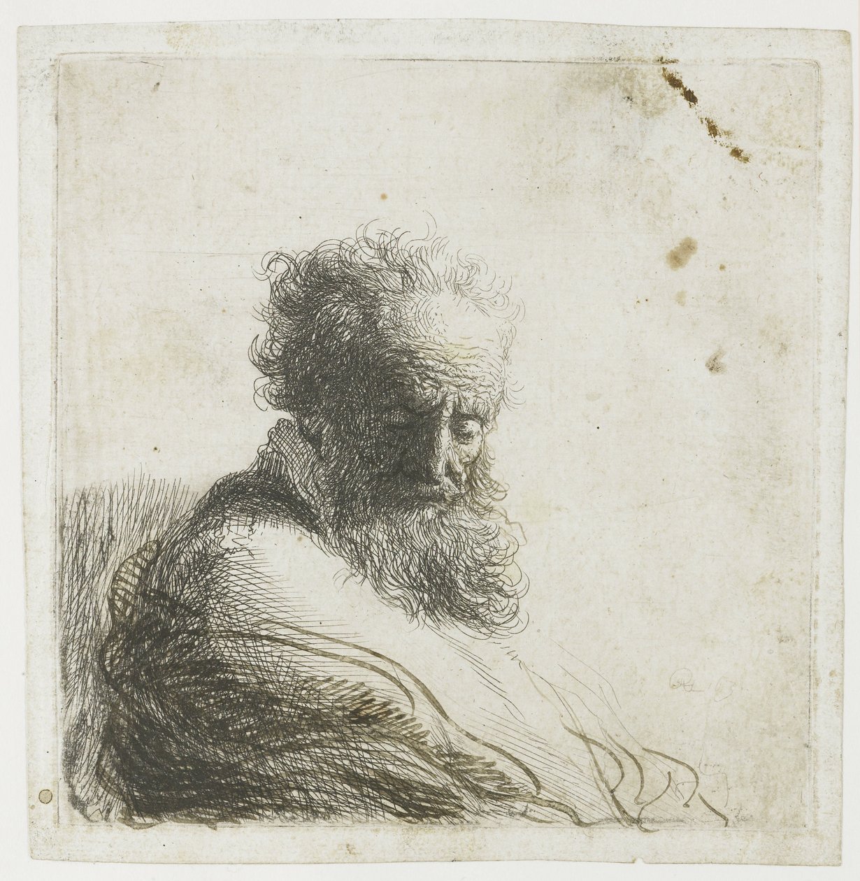 Buste af en gammel skægget mand, der kigger ned, tre kvarter til højre af Rembrandt van Rijn
