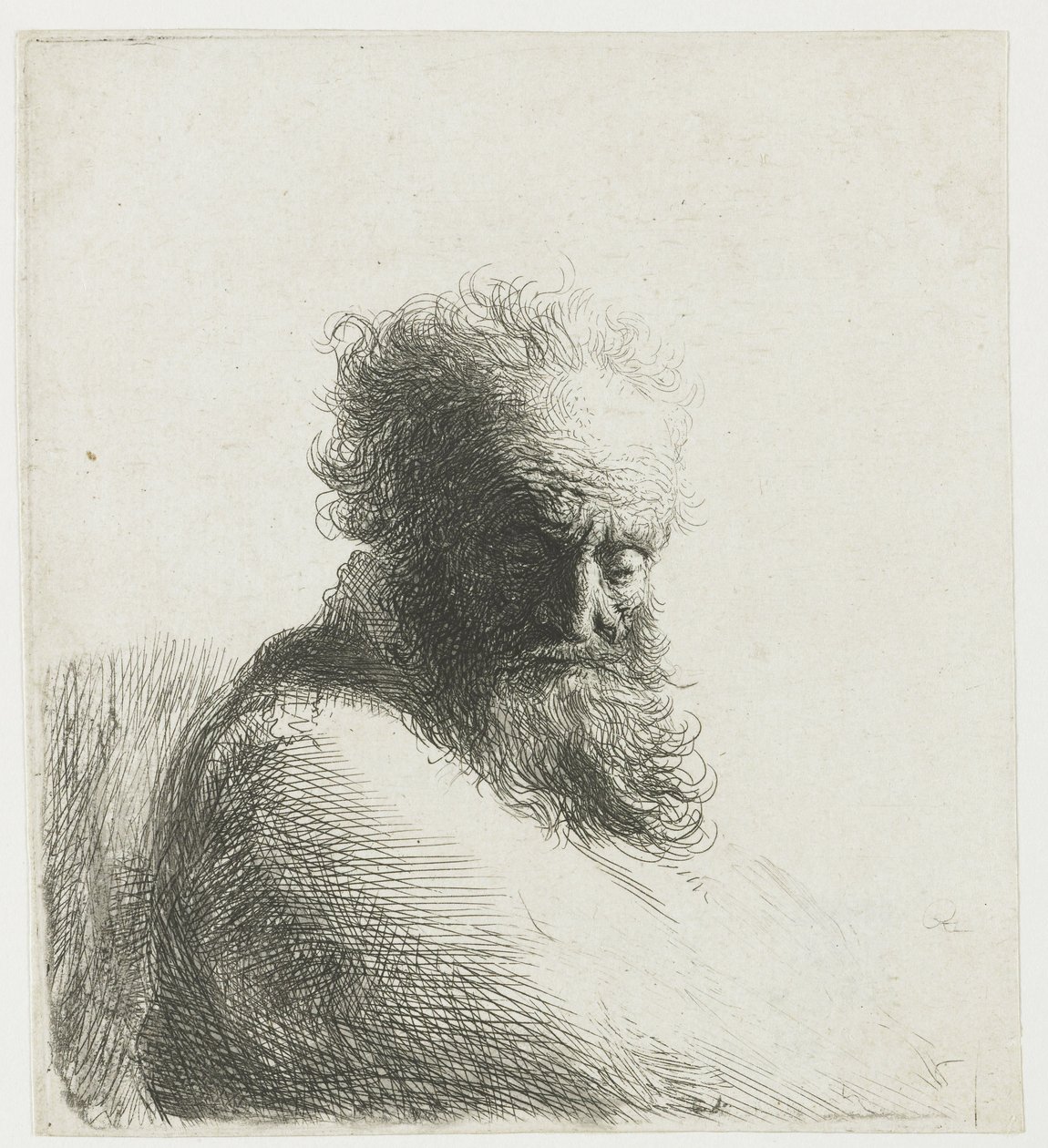Buste af en gammel skægget mand, der kigger ned, tre kvarter til højre af Rembrandt van Rijn