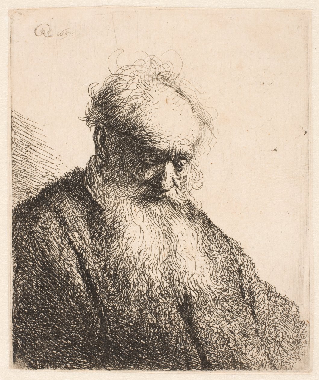 Buste af en gammel mand med et fyldigt skæg: hovedet er vendt tre fjerdedele mod højre af Rembrandt van Rijn