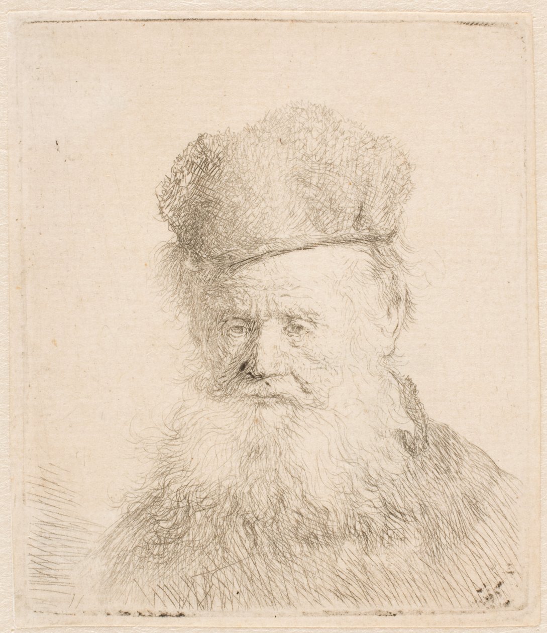 Buste af en gammel mand med pelshue og langt skæg: næsten i fuld ansigtsprofil: blikket rettet fremad af Rembrandt van Rijn