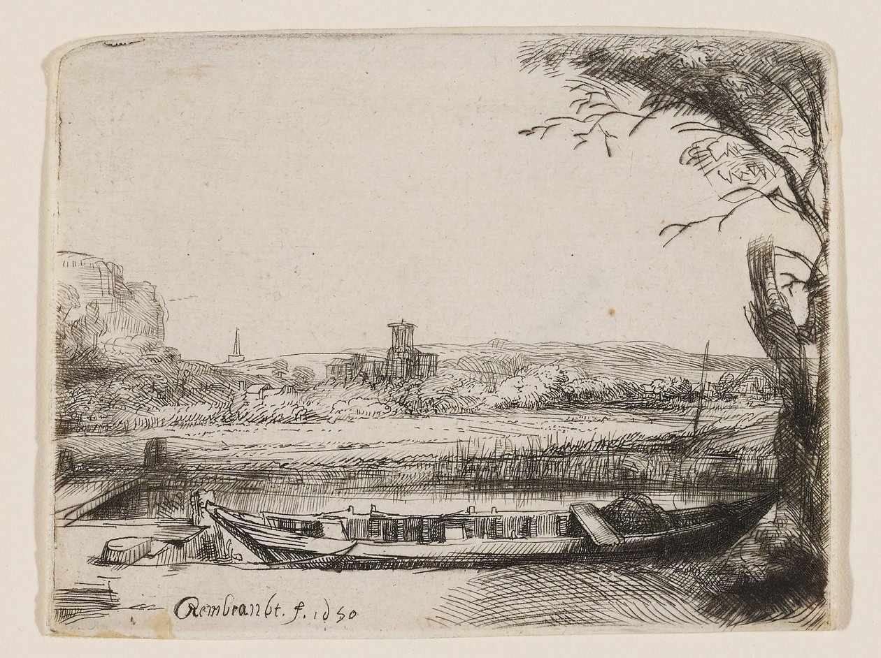 Kanal med en stor båd og en bro af Rembrandt van Rijn