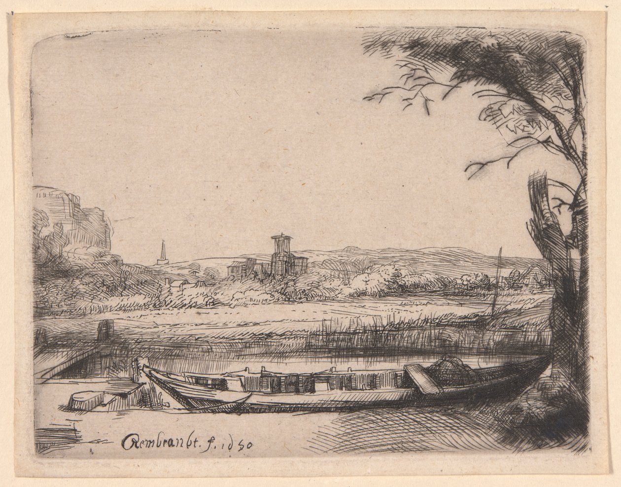 Kanal med en stor båd og en bro af Rembrandt van Rijn