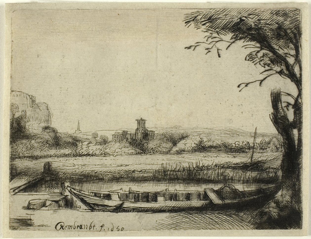 Kanal med en stor båd og en bro af Rembrandt van Rijn