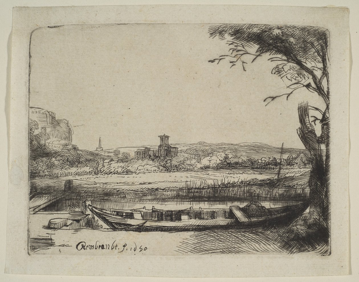 Kanal med en stor båd og en bro, 1650. af Rembrandt van Rijn