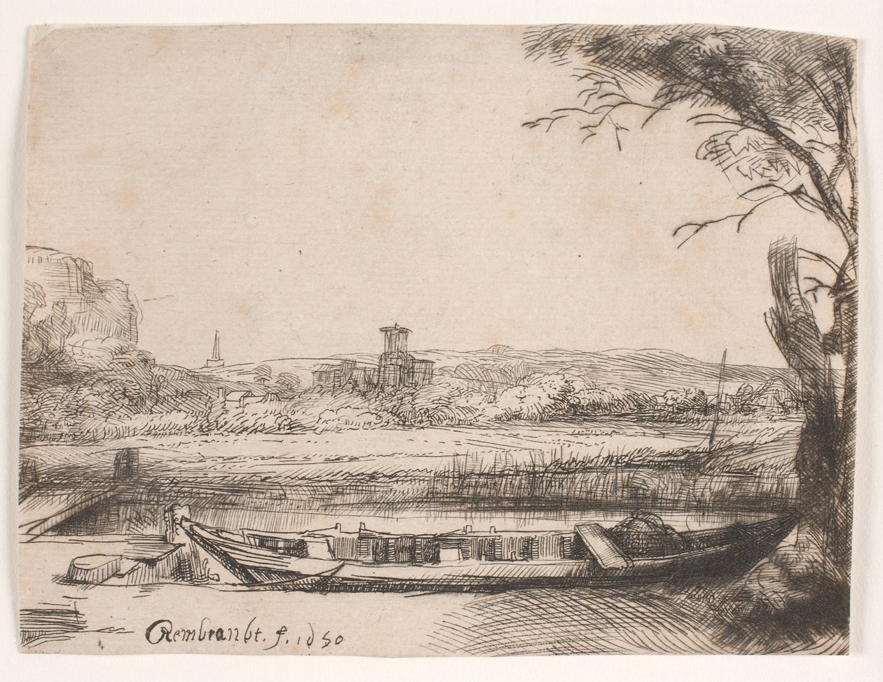 Kanal med en stor båd og en bro af Rembrandt van Rijn