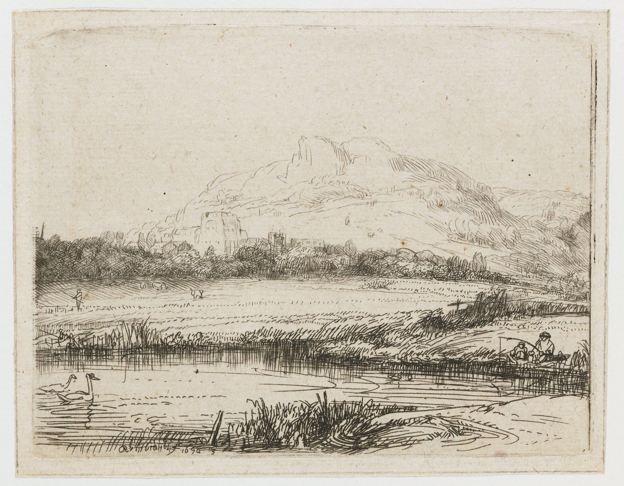 Kanal med en lystfisker og to svaner Kanal med en lystfisker og to svaner af Rembrandt van Rijn