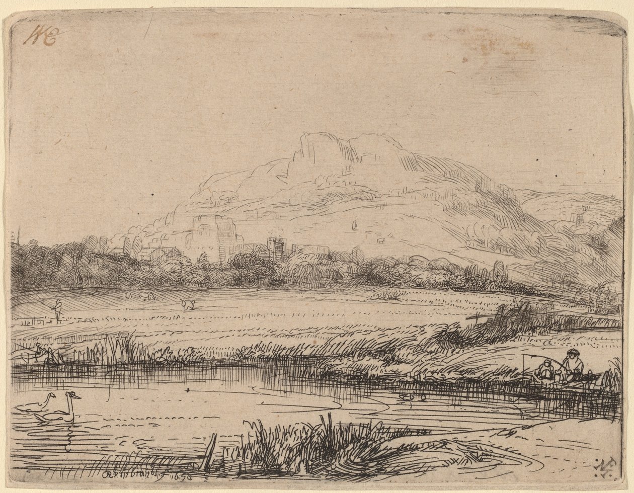 Kanal med en lystfisker og to svaner af Rembrandt van Rijn