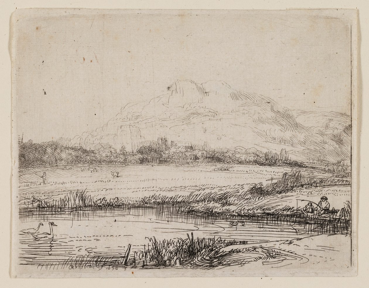 Kanal med en lystfisker og to svaner af Rembrandt van Rijn
