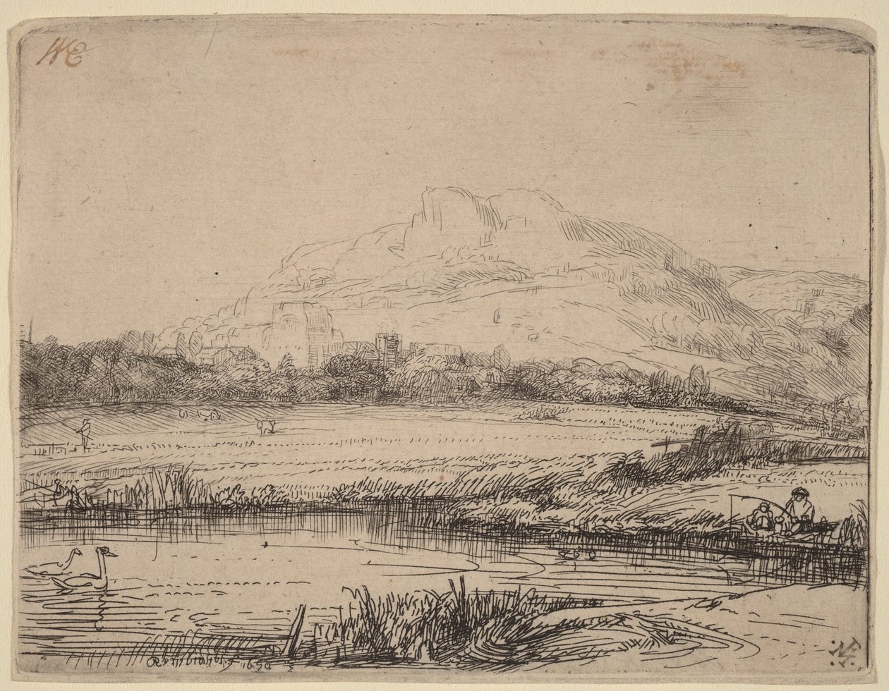 Kanal med en lystfisker og to svaner af Rembrandt van Rijn