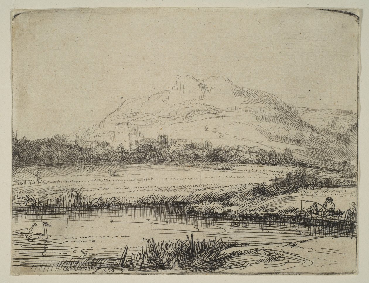 Kanal med en lystfisker og to svaner, 1650. af Rembrandt van Rijn