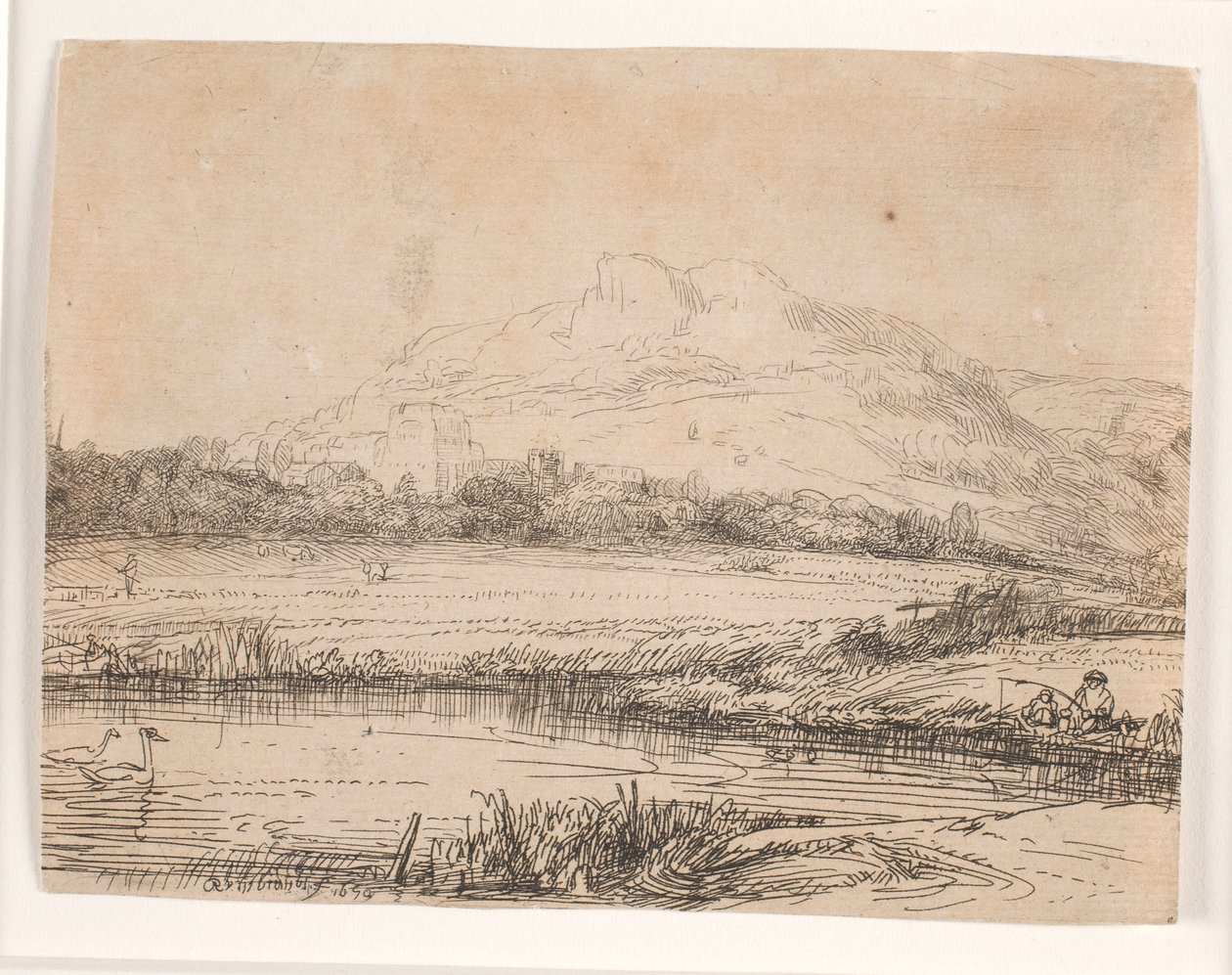 Kanal med en lystfisker og to svaner af Rembrandt van Rijn