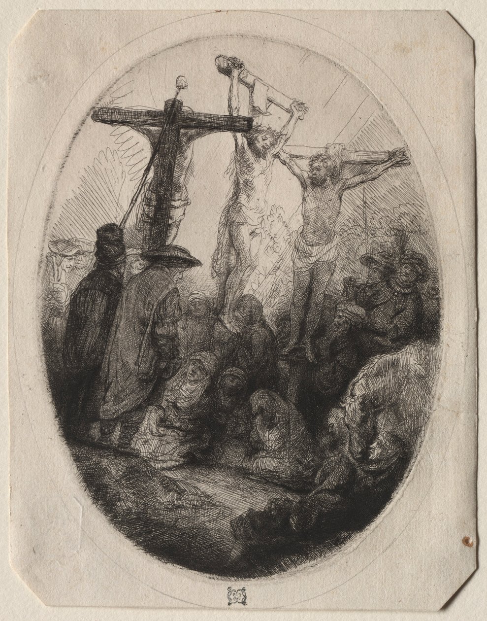 Kristus korsfæstet mellem to tyve: En oval plade, ca. 1641. af Rembrandt van Rijn