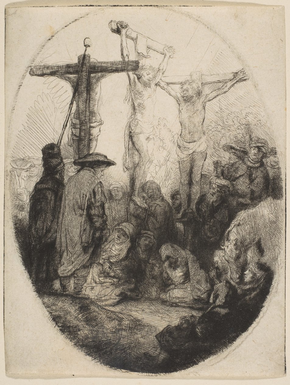 Kristus korsfæstet mellem to tyve, oval plade, ca. 1641. af Rembrandt van Rijn