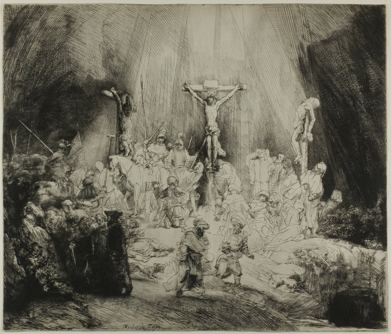 Kristus korsfæstet mellem de to tyve: "De tre kors" af Rembrandt van Rijn