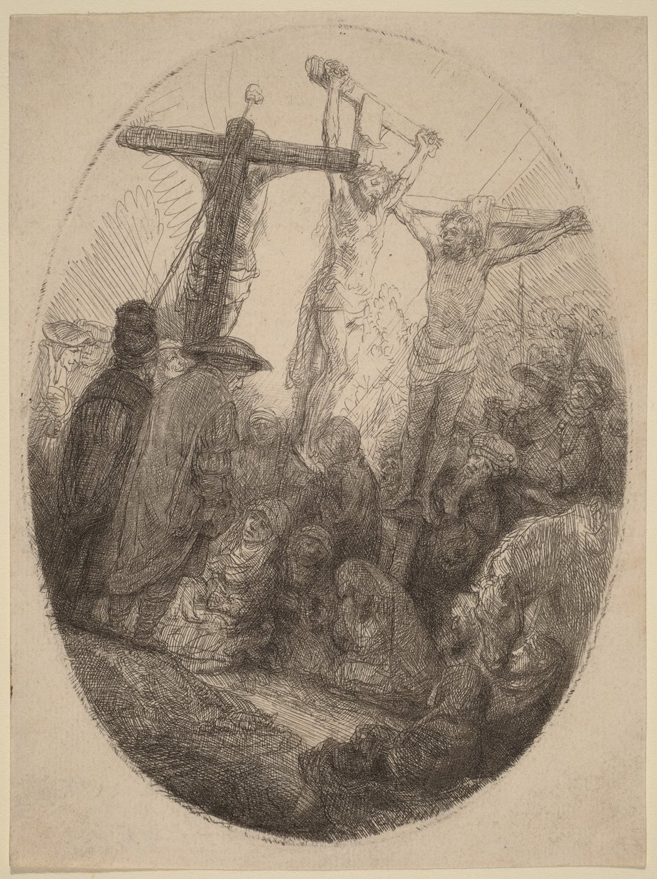Den korsfæstede Kristus mellem de to tyve: en oval plade af Rembrandt van Rijn