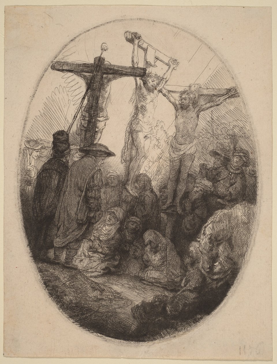 Den korsfæstede Kristus mellem de to tyve: en oval plade af Rembrandt van Rijn