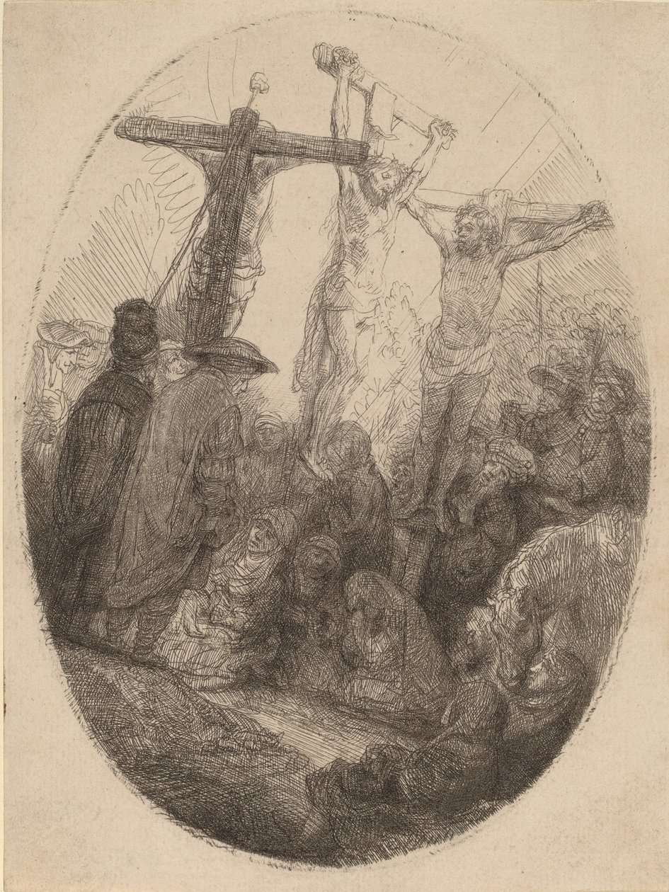 Kristus korsfæstet mellem de to tyve: en oval plade, ca. 1641. af Rembrandt van Rijn