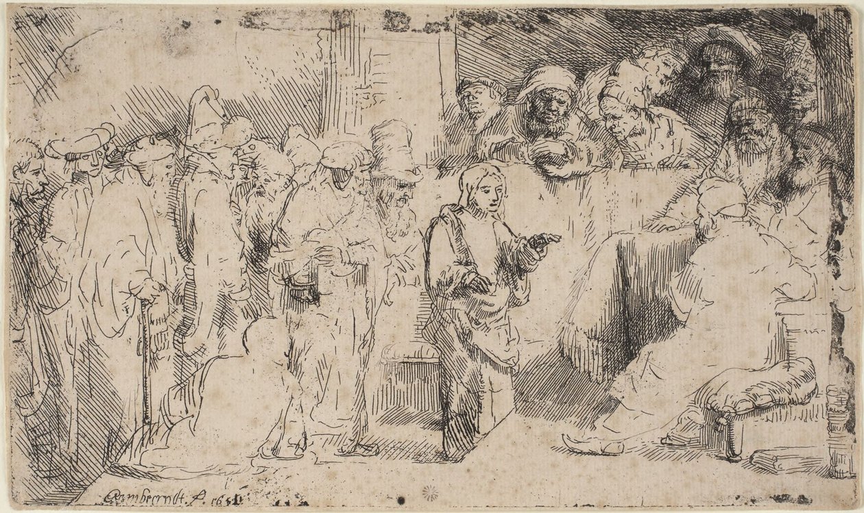 Kristus i diskussion med de skriftkloge: En skitse af Rembrandt van Rijn