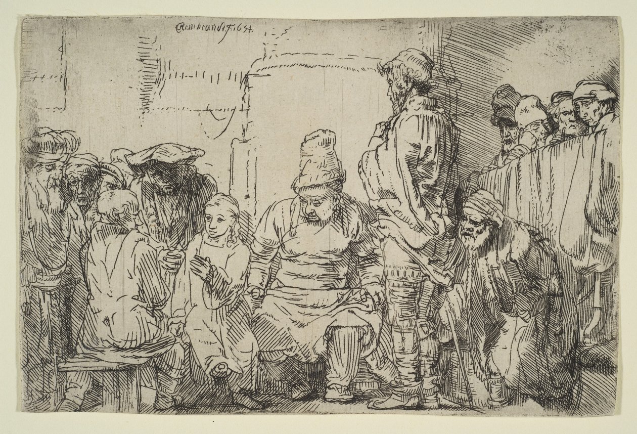 Kristus siddende skændes med lægerne, 1654. af Rembrandt van Rijn