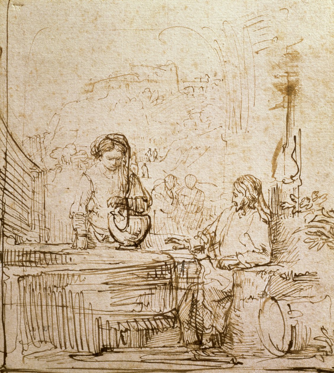 Kristus og Samarias kvinde (pen og brunt blæk på papir) af Rembrandt van Rijn