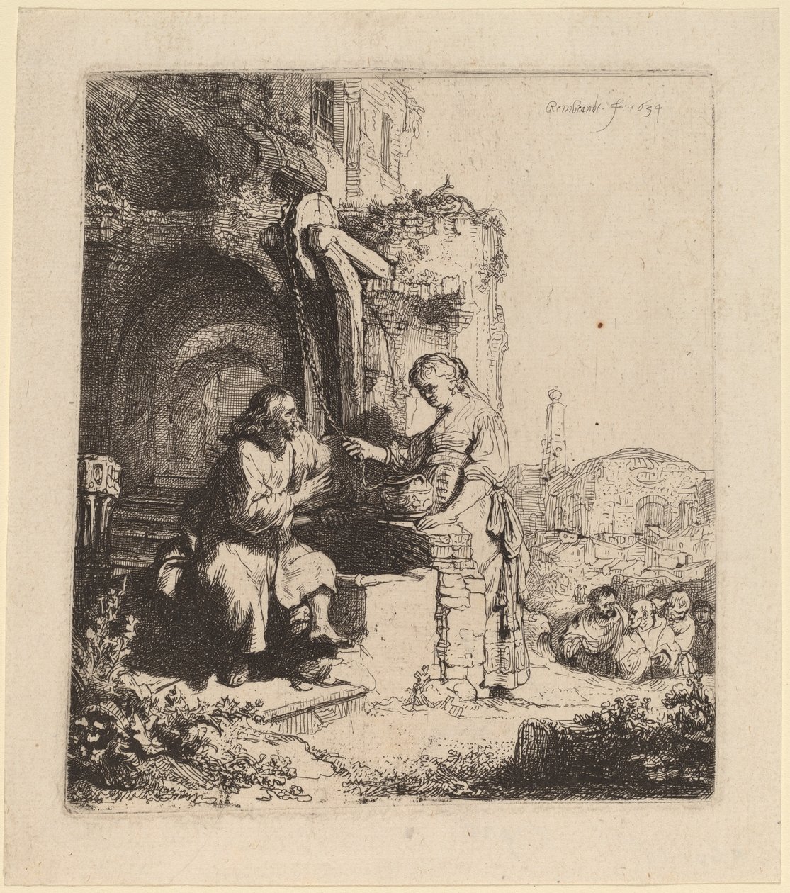 Kristus og kvinden i Samaria blandt ruiner af Rembrandt van Rijn