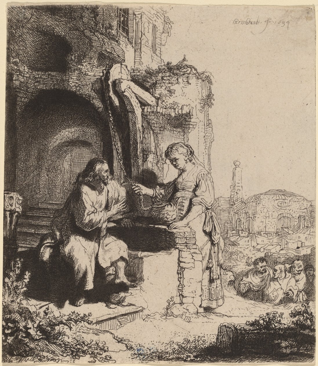 Kristus og kvinden i Samaria blandt ruiner af Rembrandt van Rijn