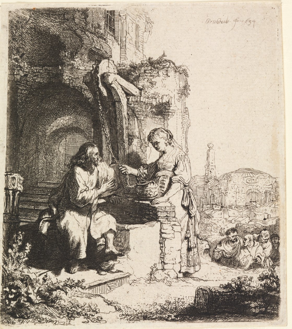 Kristus og kvinden i Samaria blandt ruiner af Rembrandt van Rijn