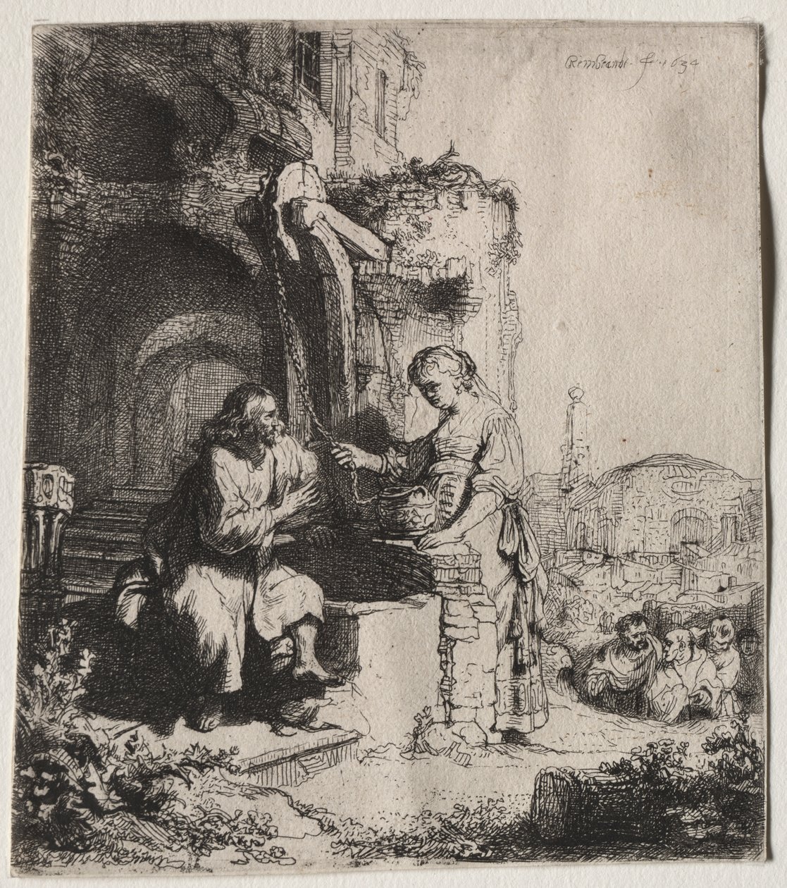 Kristus og kvinden i Samaria blandt ruiner af Rembrandt van Rijn