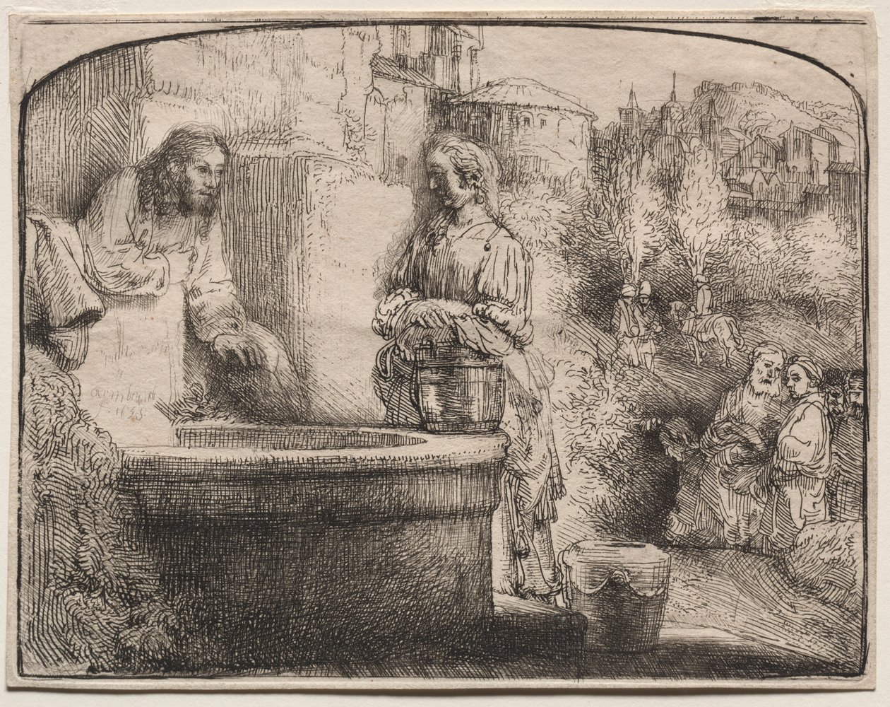 Kristus og Samarias kvinde: Et buet tryk af Rembrandt van Rijn