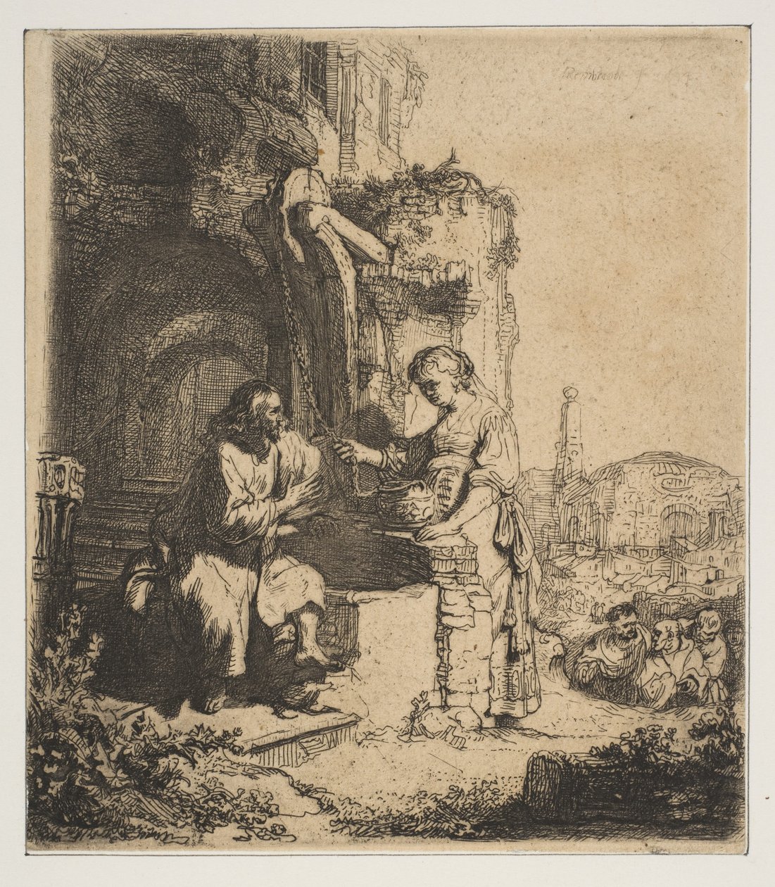 Kristus og Samarias kvinde blandt ruiner. af Rembrandt van Rijn