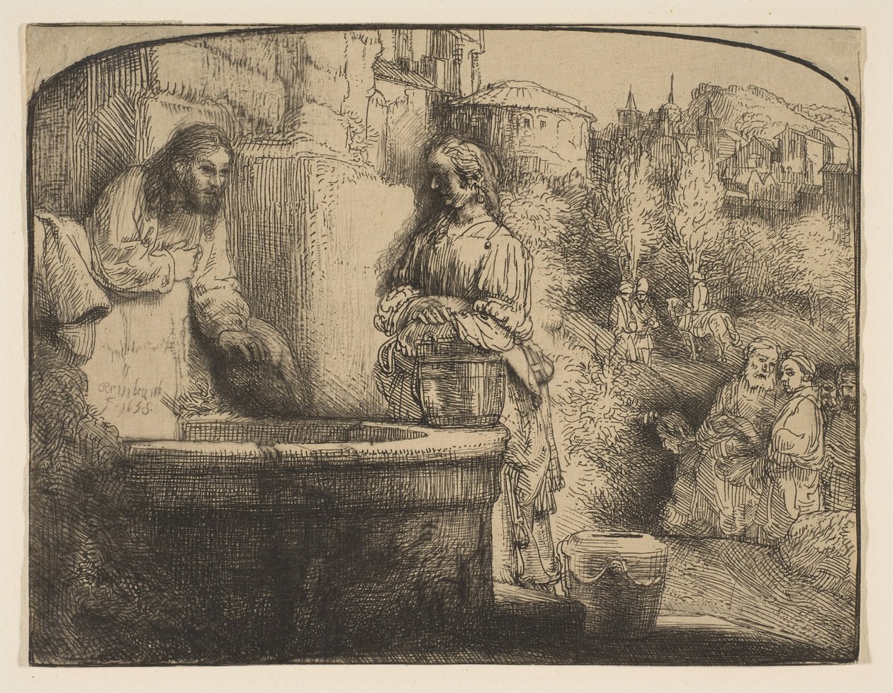 Kristus og Samarias kvinde: et buet tryk, 1658. af Rembrandt van Rijn