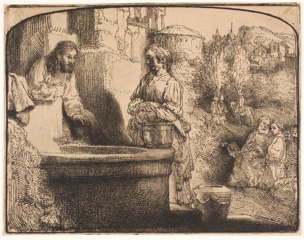 Kristus og kvinden i Samaria: et buet tryk af Rembrandt van Rijn