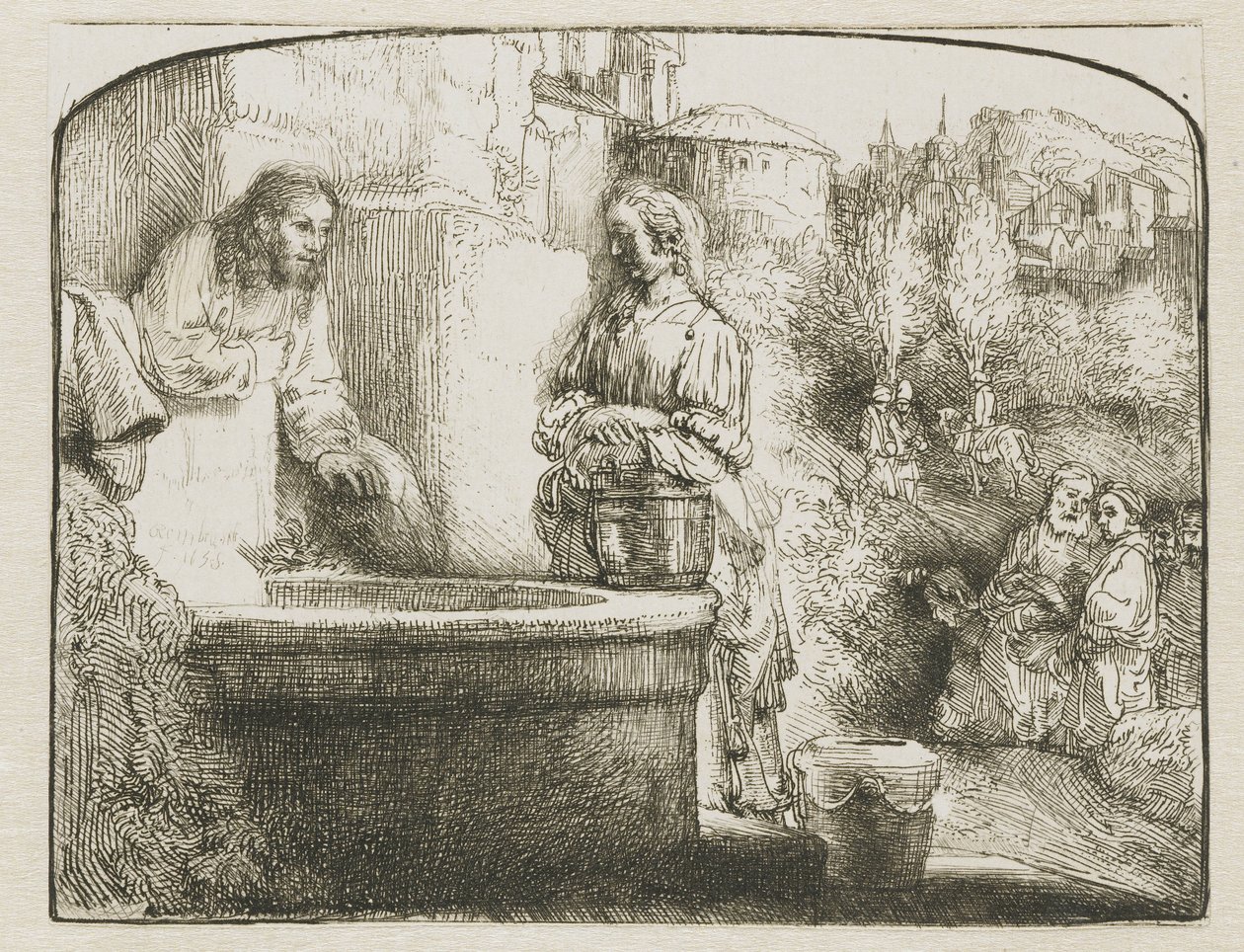 Kristus og kvinden i Samaria: et buet tryk af Rembrandt van Rijn