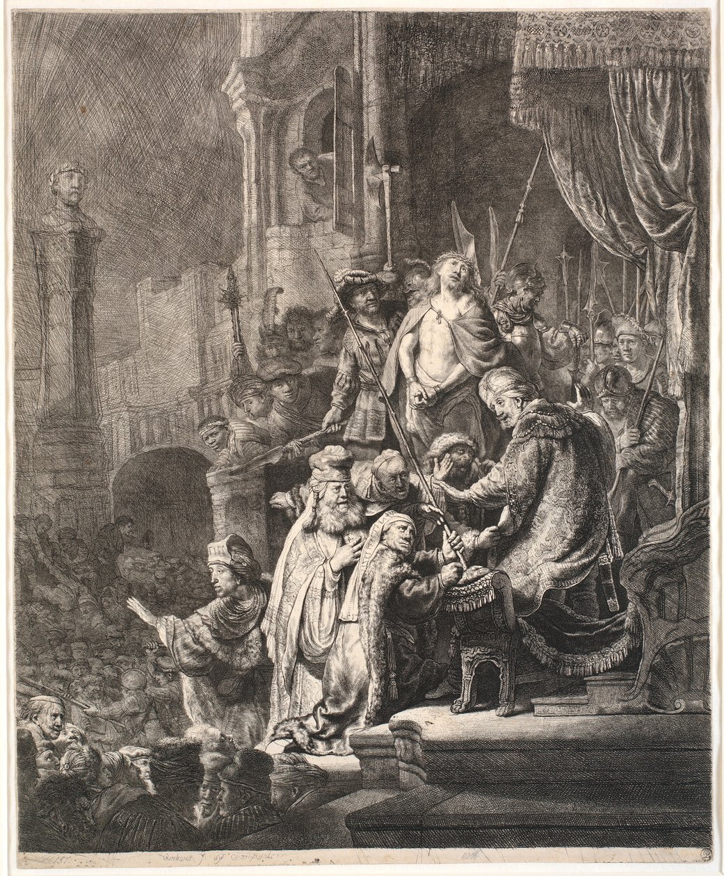 Jesus før Pilatus: stor tallerken af Rembrandt van Rijn