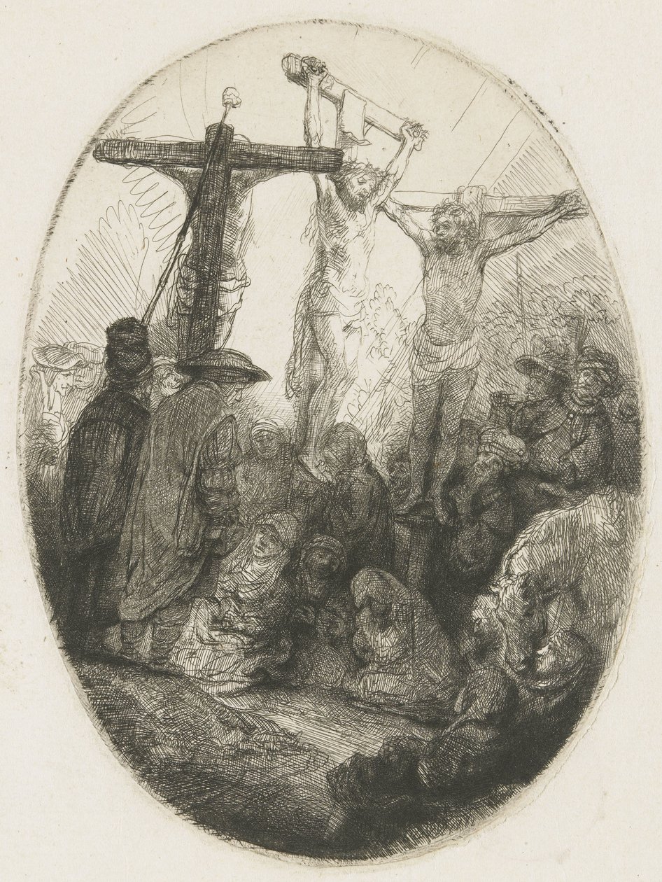 Kristus korsfæstet mellem de to tyve: en oval plade af Rembrandt van Rijn