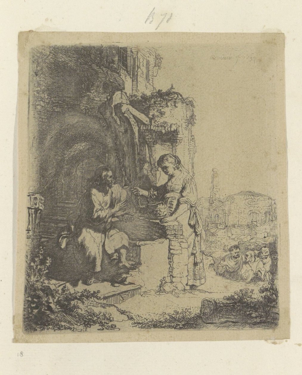 Kristus og den samaritanske kvinde: Ruiner i baggrunden Recueil de quatre-vingt-cinq estampes originales (serietitel) af Rembrandt van Rijn