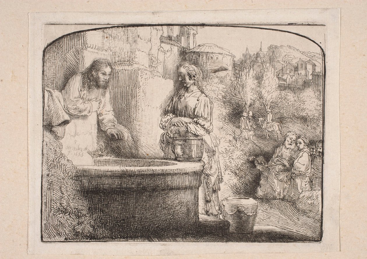 Kristus og den samaritanske kvinde (Komposition afsluttet øverst med en bue) af Rembrandt van Rijn