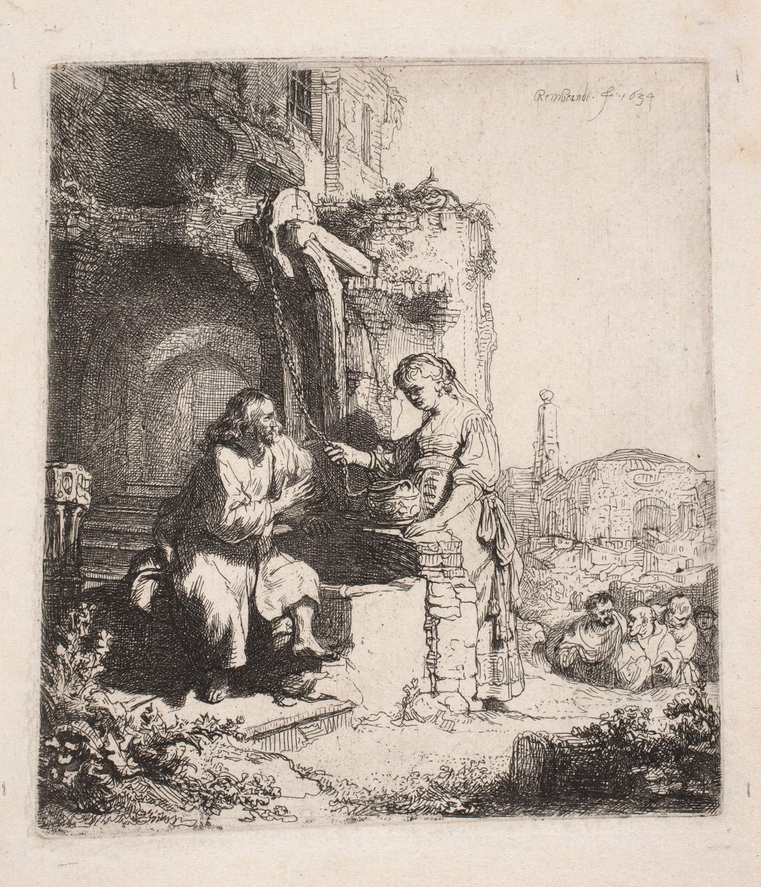 Kristus og den samaritanske kvinde blandt ruinerne (lodret illustration) af Rembrandt van Rijn